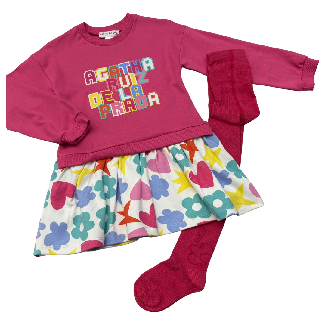 Agatha Ruiz de la Prada Fuchsia Icon Print Dress & Tights 8236