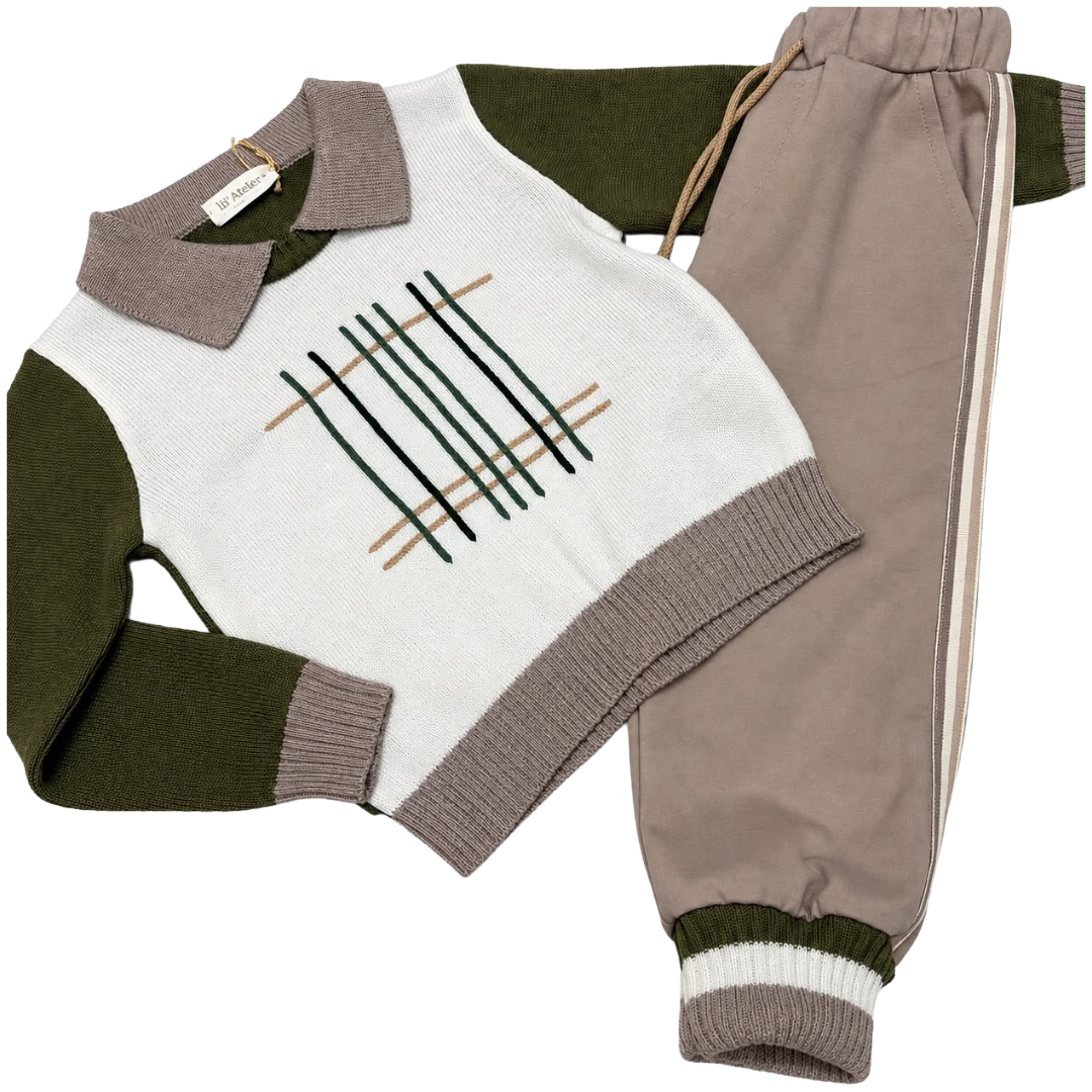 Bimbalo Khaki Green & Beige Knit Polo Jogger Set