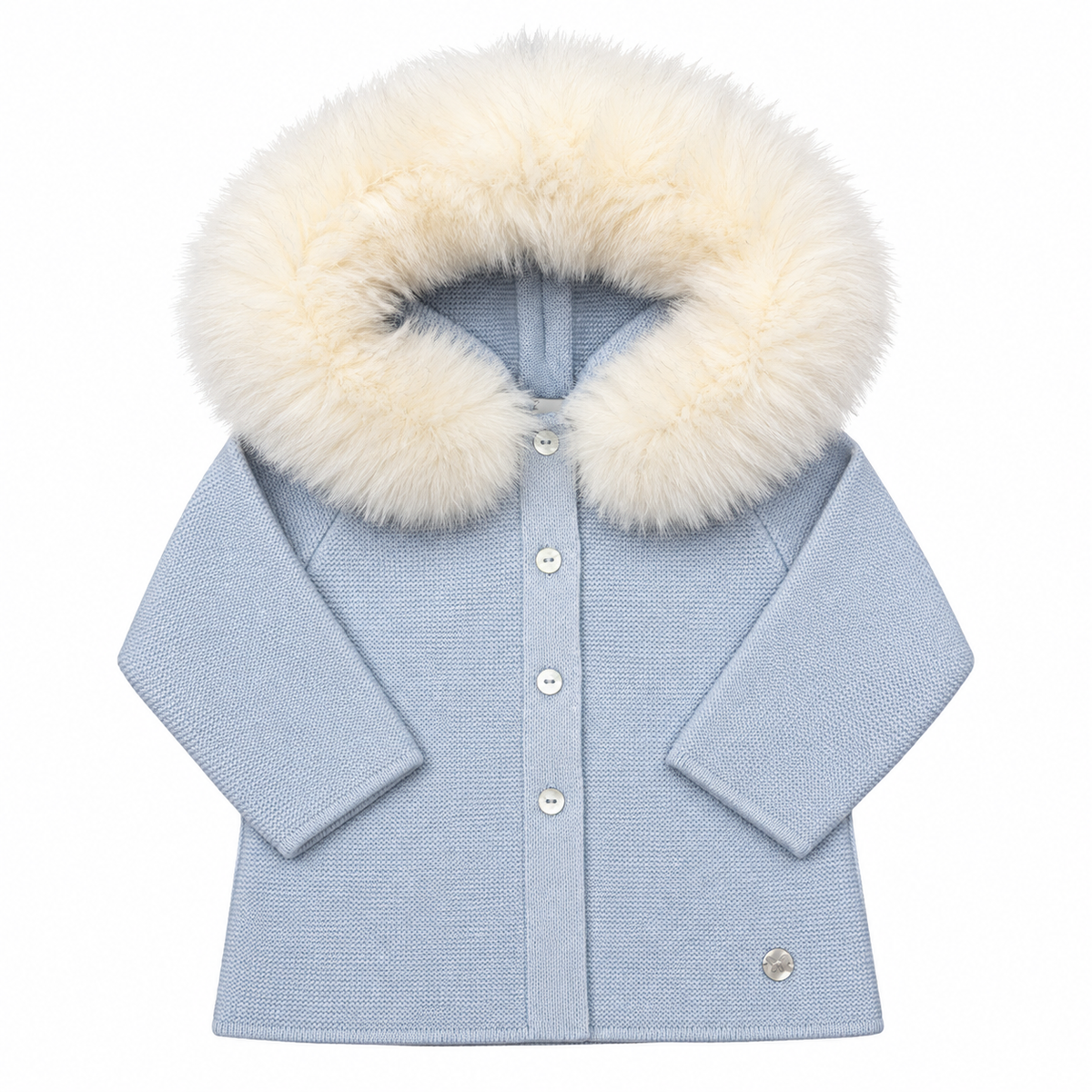 Granlei Pale Blue Ivory Fur Hood Knitted Jacket