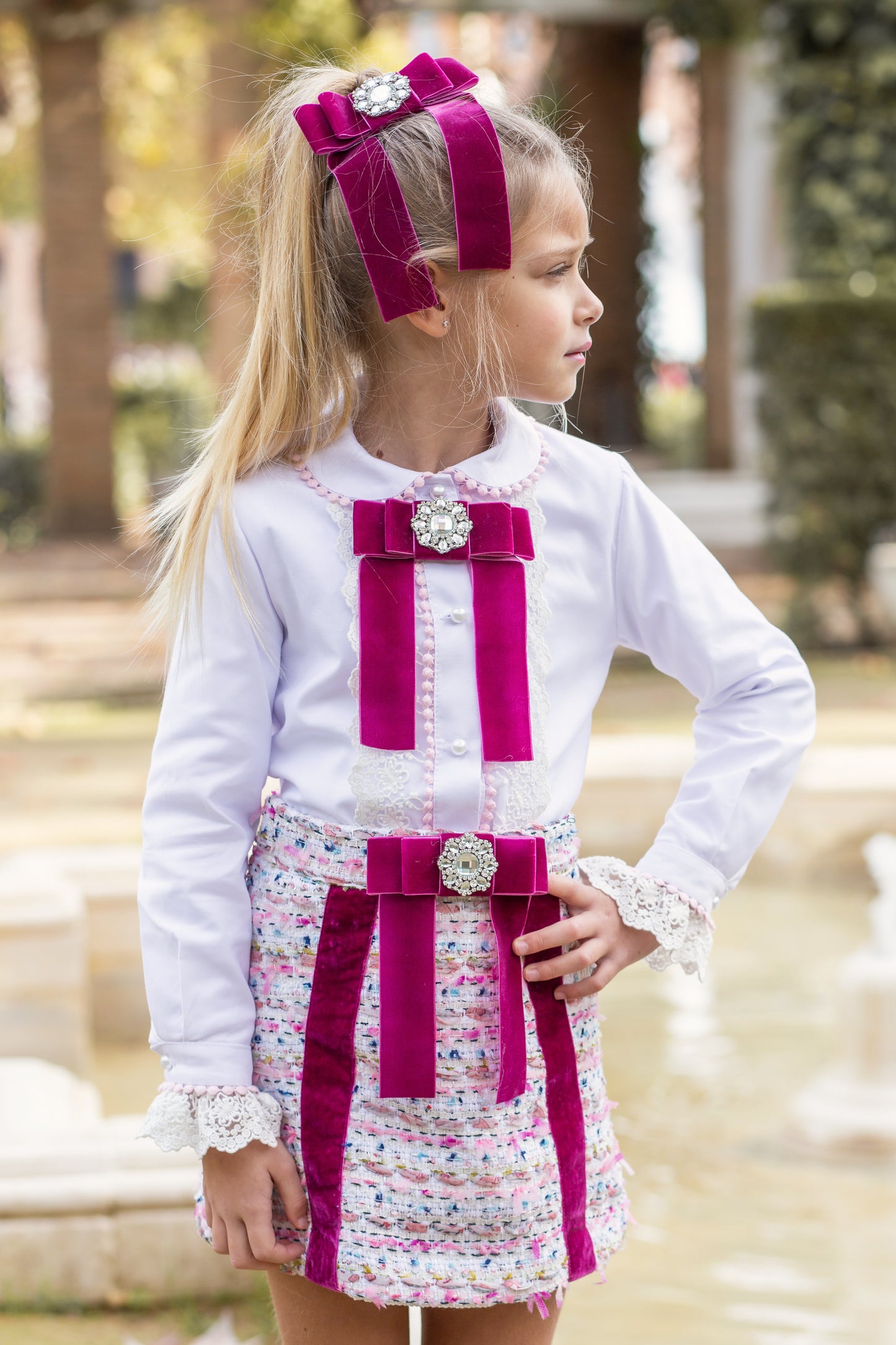 Naxos Plum Tweed Bow Skirt Set