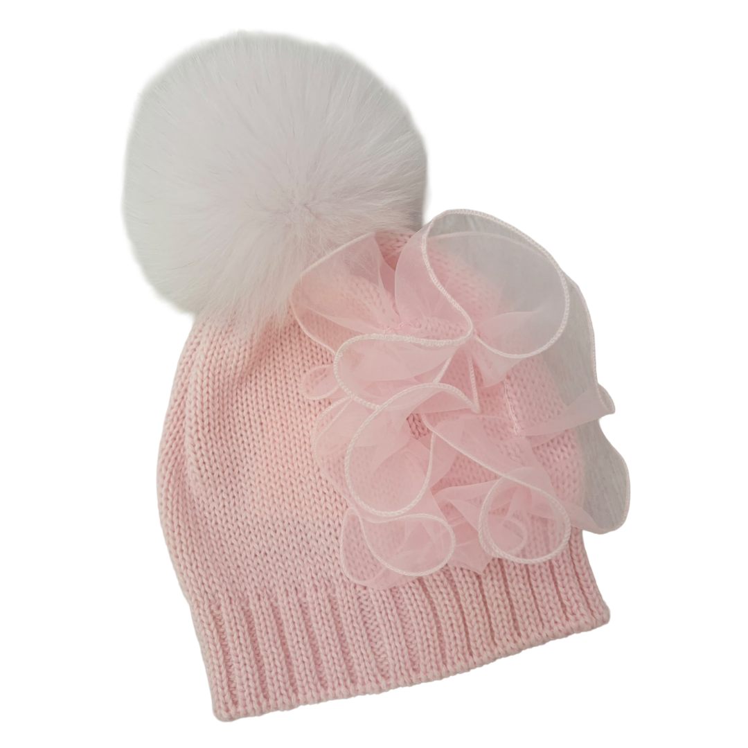 Bimbalo Pink Ruffle Fur Pom Hat