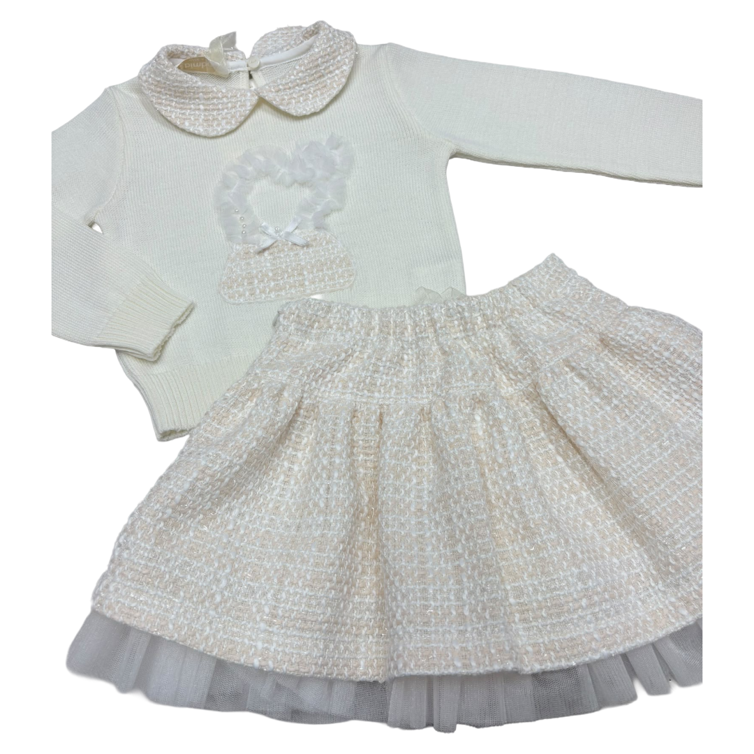Bimbalo Ivory Knit Woven Collar Skirt Set