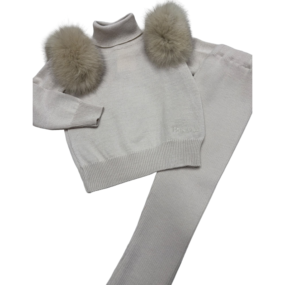 Bimbalo Beige Fur Shoulder Knit Legging Set