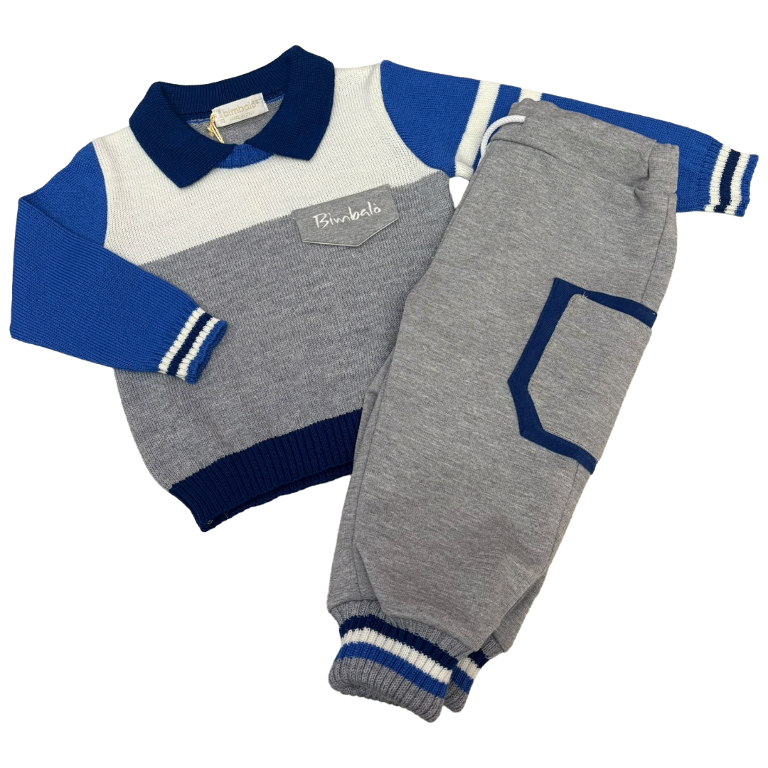Bimbalo Royal Blue & Grey Knit Polo Jogger Set
