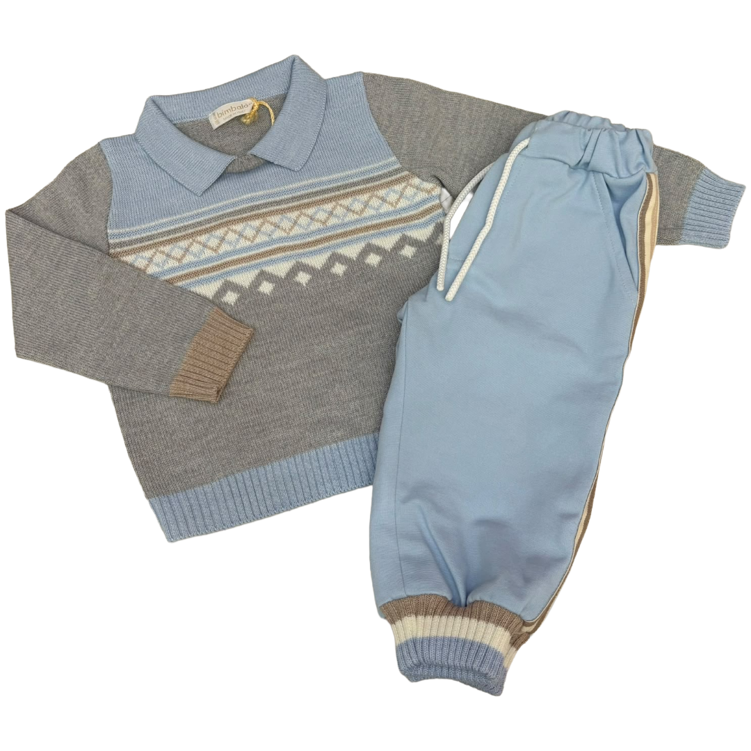 Bimbalo Pale Blue & Grey Knit Polo Jogger Set