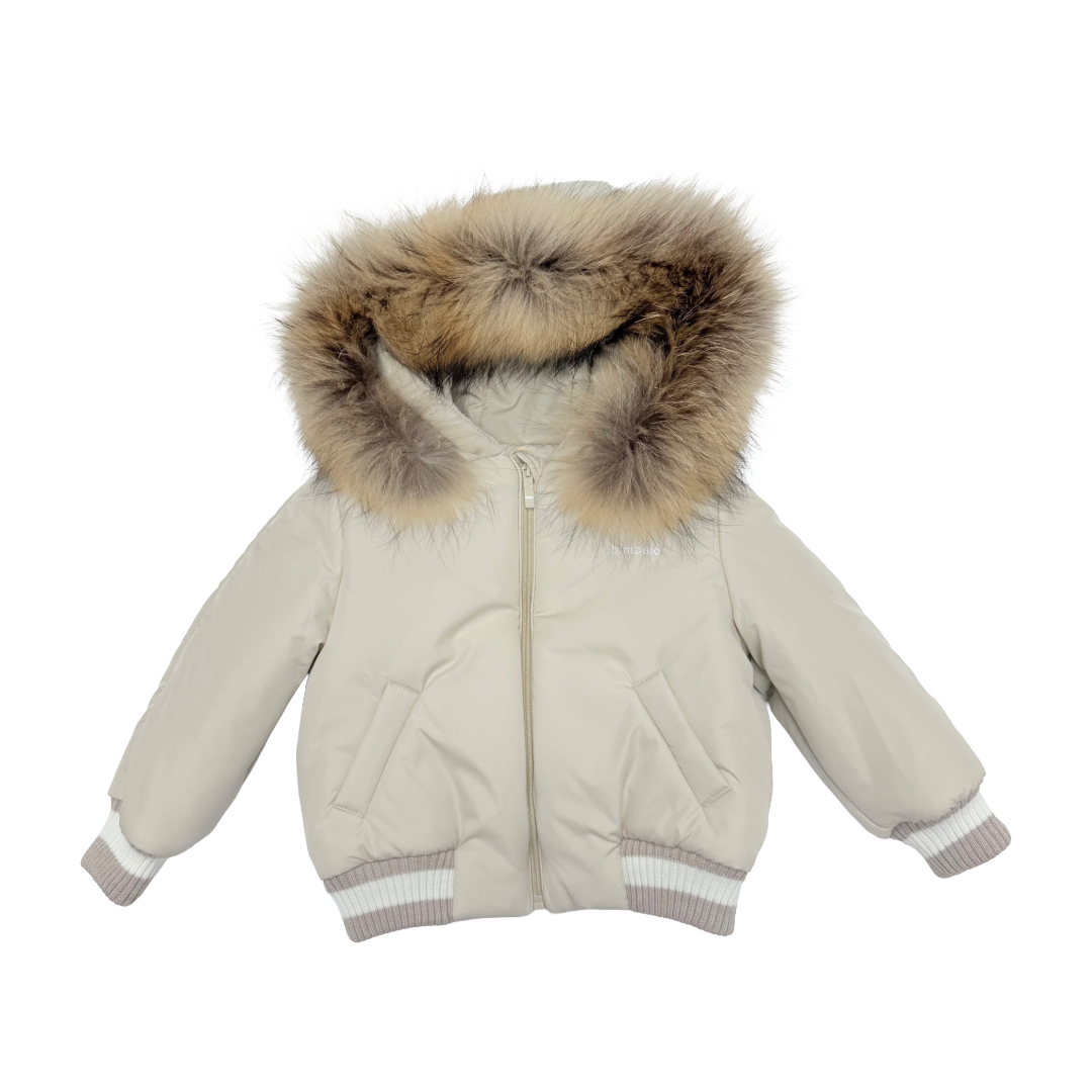 Bimbalo Beige Fur Hood Bomber Jacket