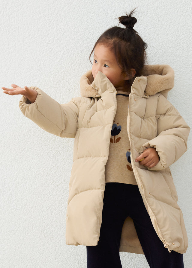 Mayoral Beige Faux Fur Long Hooded Coat