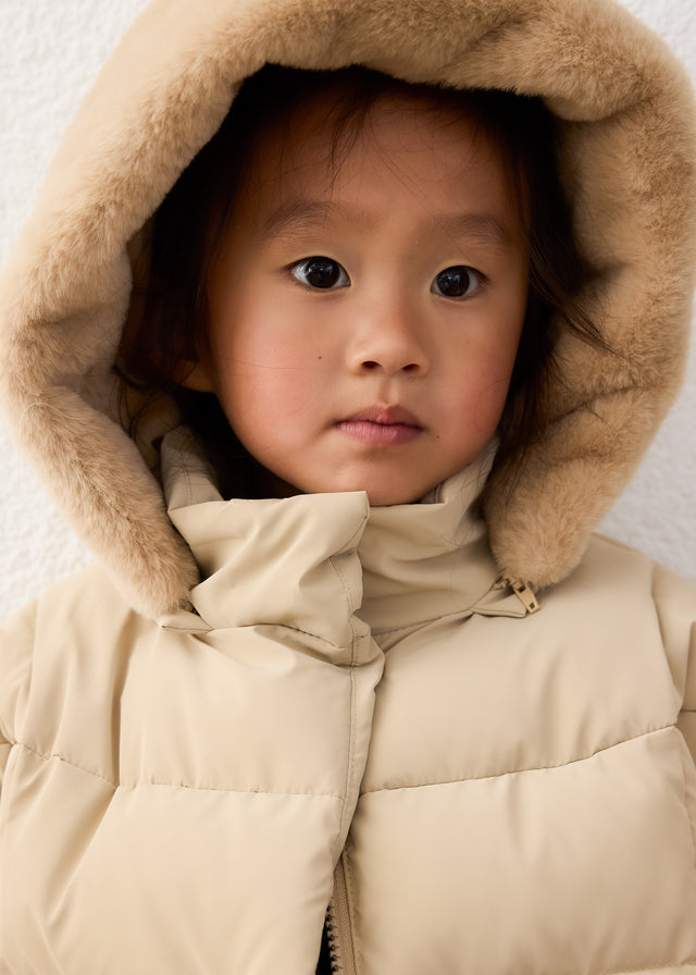 Mayoral Beige Faux Fur Long Hooded Coat