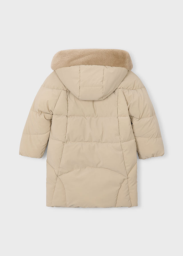 Mayoral Beige Faux Fur Long Hooded Coat