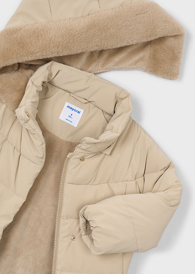 Mayoral Beige Faux Fur Long Hooded Coat