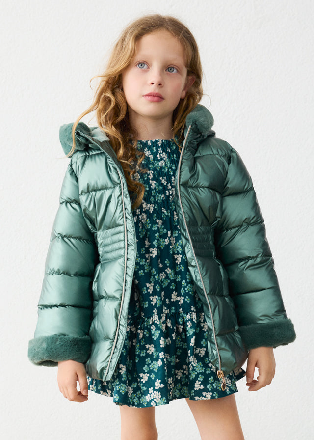 Mayoral Green Metallic Padded Faux Fur Coat