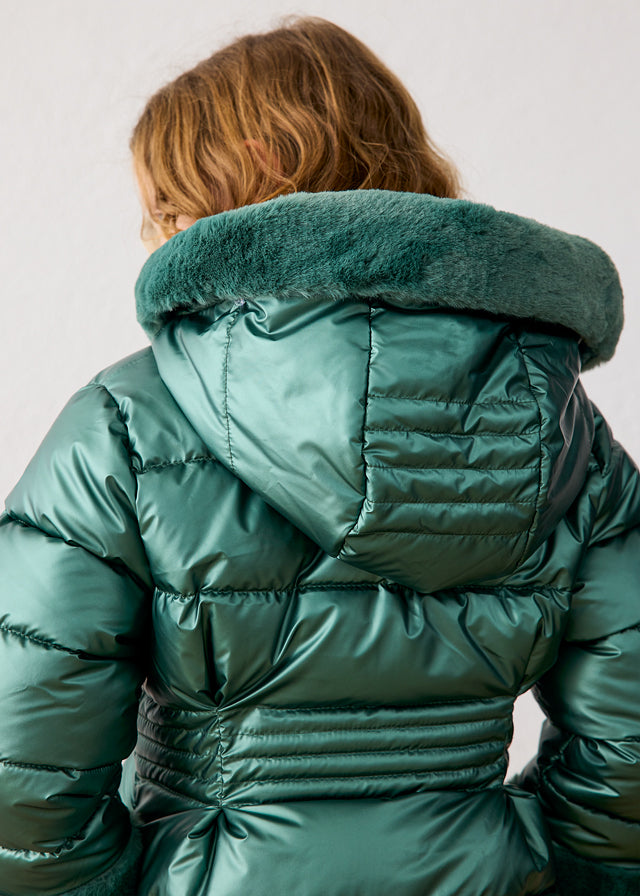 Mayoral Green Metallic Padded Faux Fur Coat