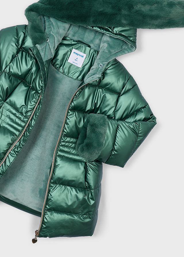 Mayoral Green Metallic Padded Faux Fur Coat