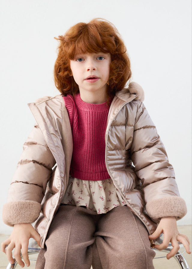 Mayoral Beige Metallic Padded Faux Fur Coat