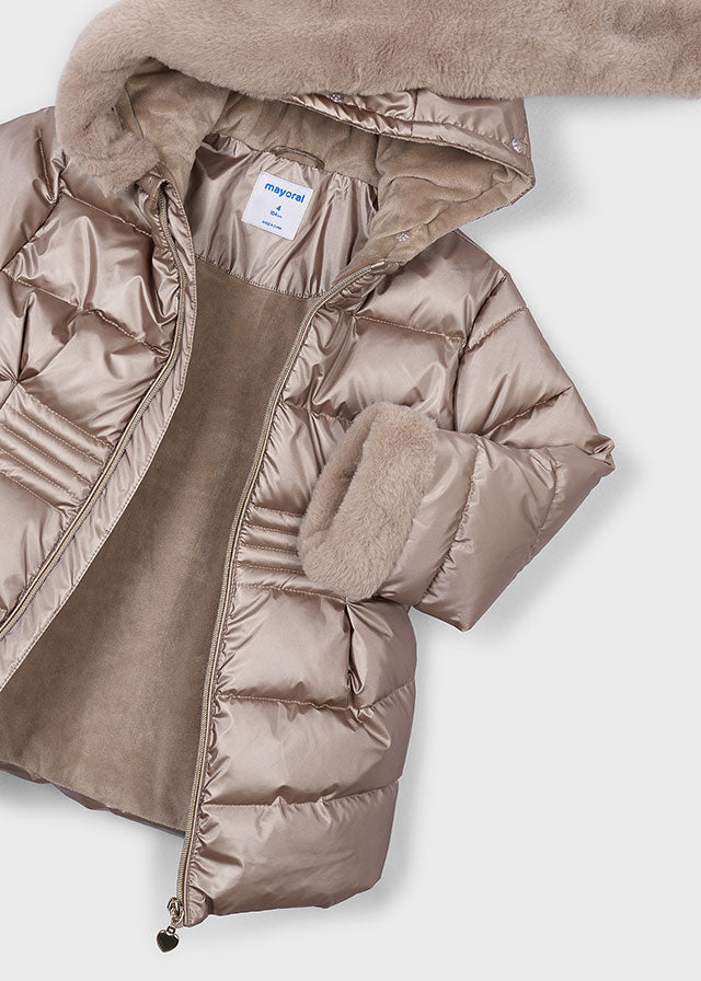 Mayoral Beige Metallic Padded Faux Fur Coat