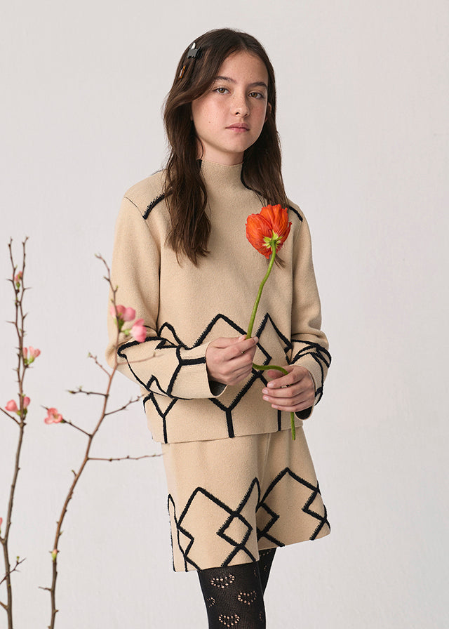 Abel & Lula Beige & Black Aztec Knit Short Set