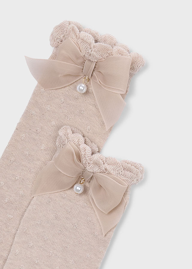 Mayoral Beige Tulle Bow Knee Socks