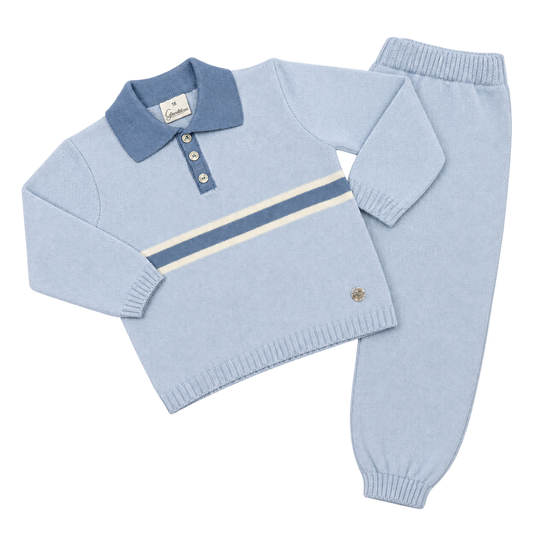 Granlei Pale Blue Stripe Knitted Polo Set