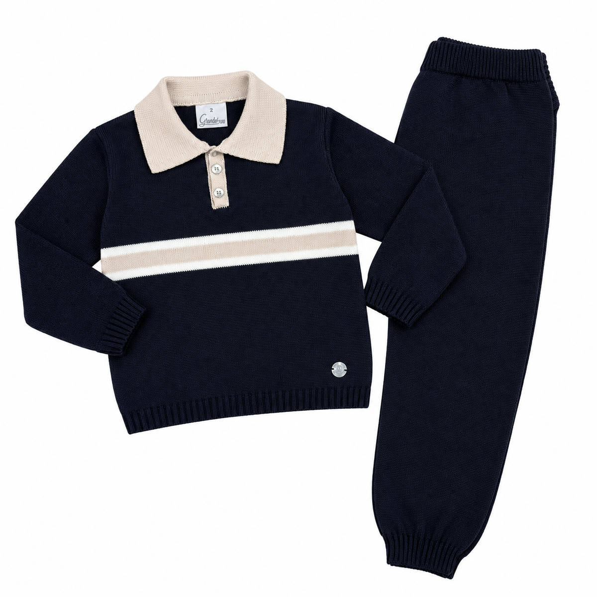 Granlei Navy & Beige Stripe Knitted Polo Set
