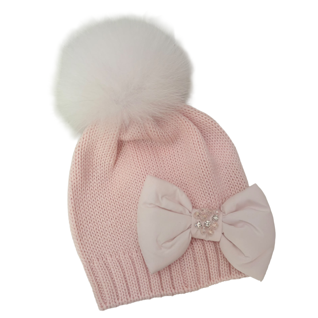 Bimbalo Pink Diamante Bow Fur Pom Hat