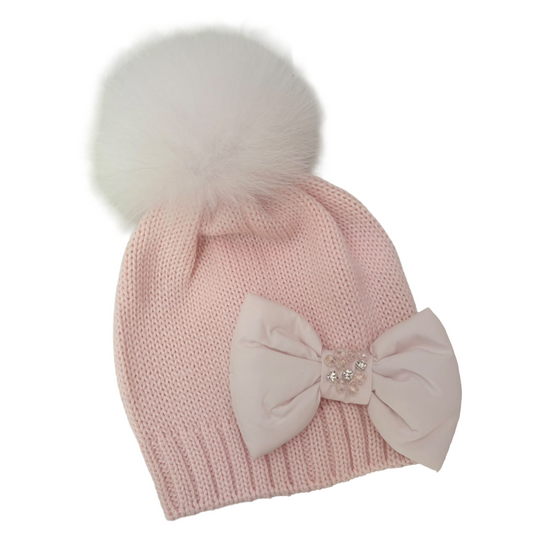Bimbalo Pink Diamante Bow Fur Pom Hat