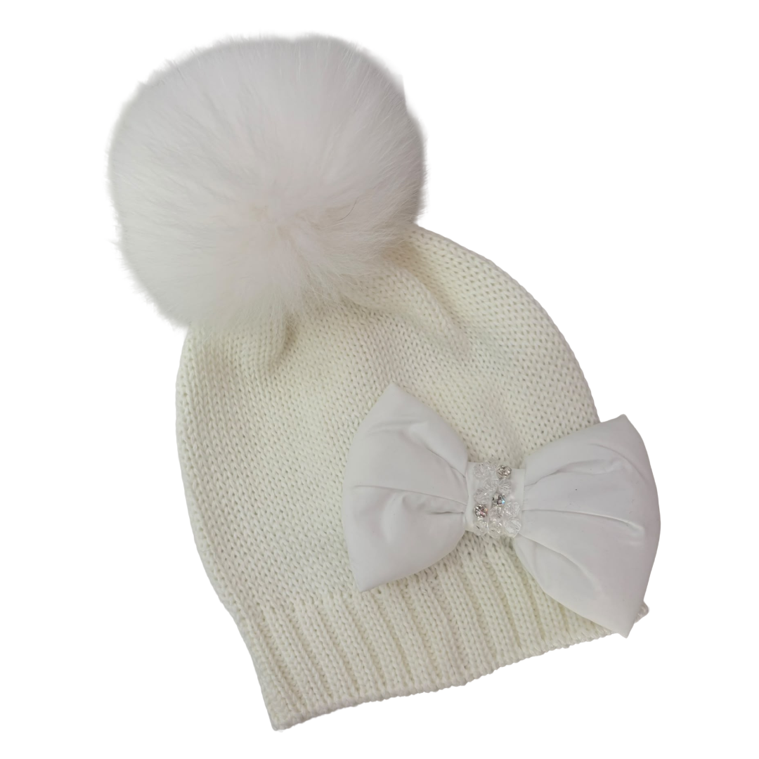 Bimbalo Ivory Diamante Bow Fur Pom Hat