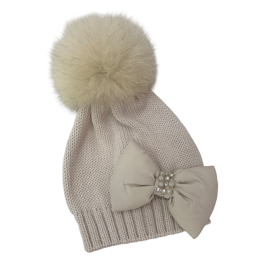 Bimbalo Beige Diamante Bow Fur Pom Hat