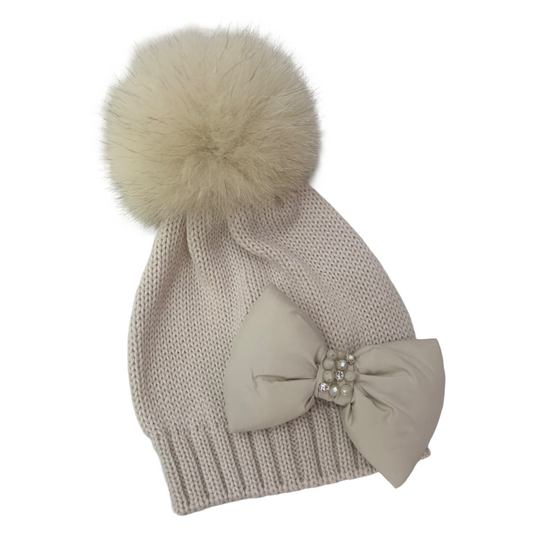 Bimbalo Beige Diamante Bow Fur Pom Hat