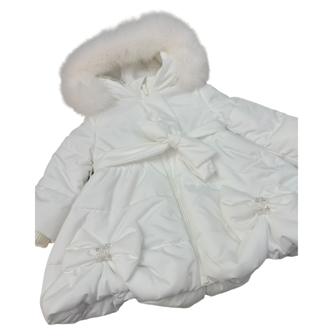 Bimbalo Ivory Bow Fur Hood Coat