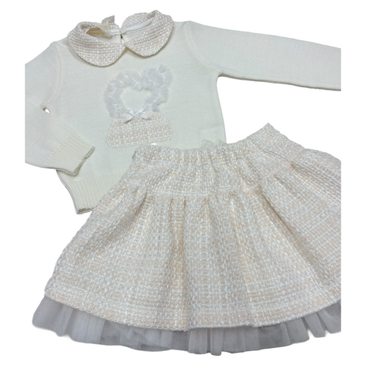 Bimbalo Ivory Knit Woven Collar Skirt Set