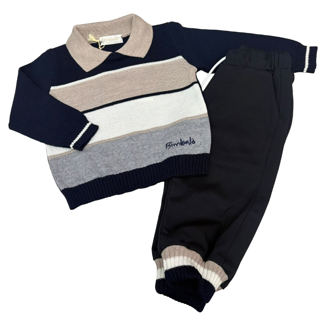 Bimbalo Navy & Beige Knit Polo Jogger Set