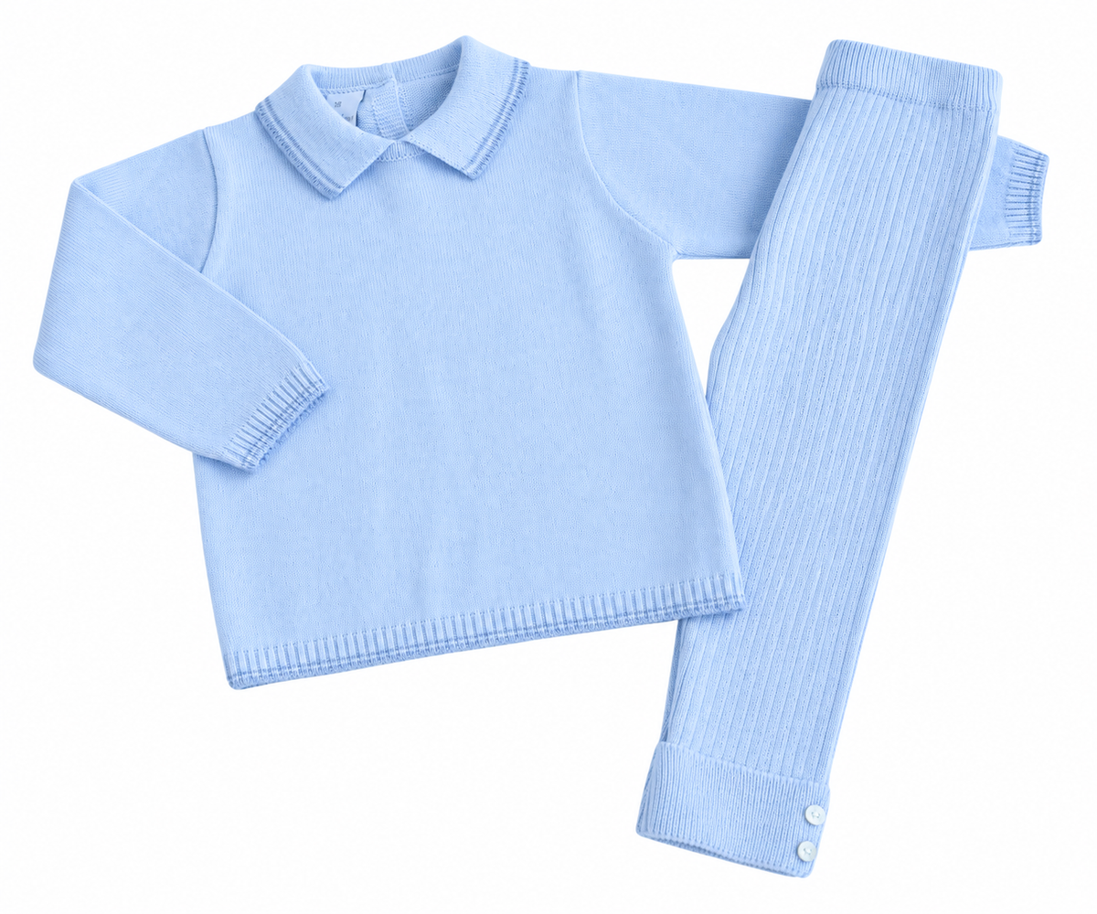 Granlei Pale Blue Knitted Polo Ribbed Set