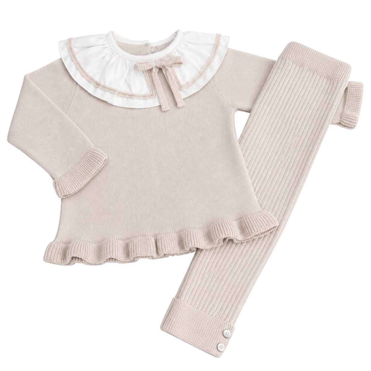 Granlei Beige Bow Collar Knit Legging Set