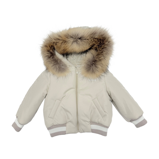 Bimbalo Beige Fur Hood Bomber Jacket