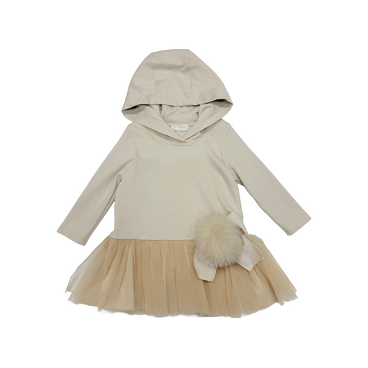 Bimbalo Beige Fur Pom Tulle Hood Dress