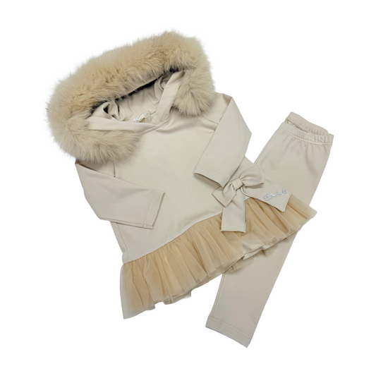 Bimbalo Beige Bow Fur Hood Legging Set