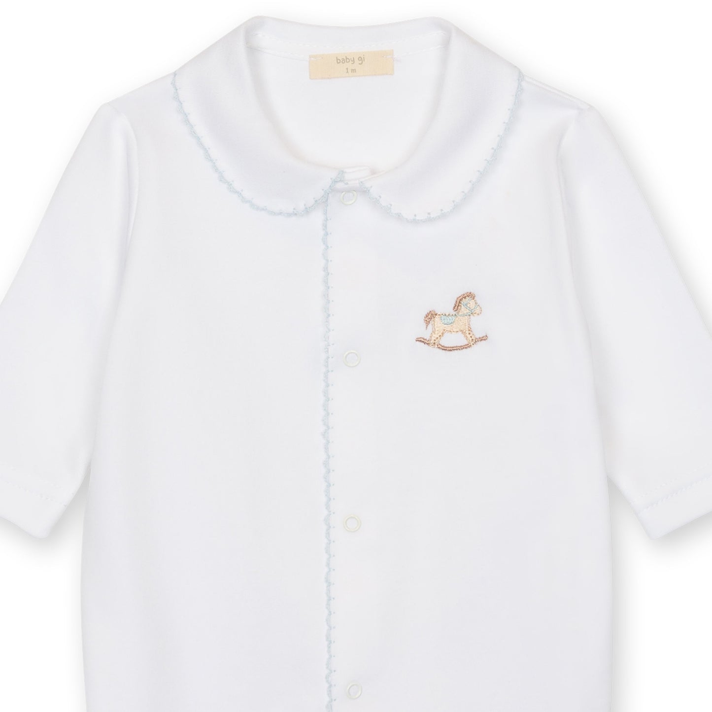 Baby Gi White & Blue Rocking Horse Cotton Baby Grow