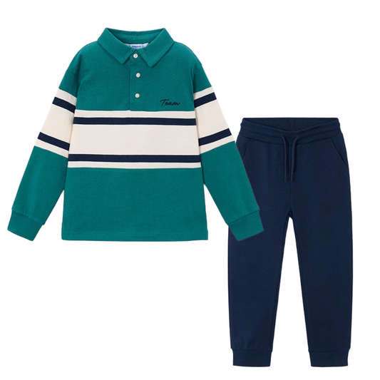 Mayoral Green Stripe Polo Jogger Set