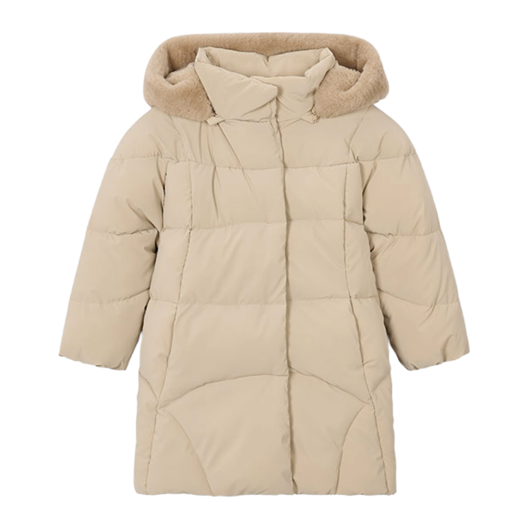Mayoral Beige Faux Fur Long Hooded Coat