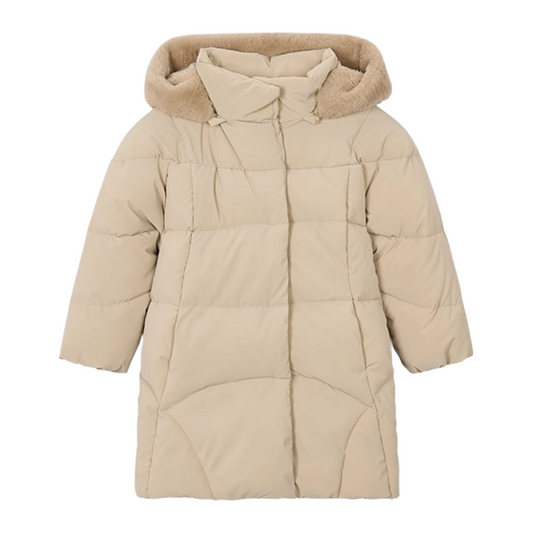 Mayoral Beige Faux Fur Long Hooded Coat