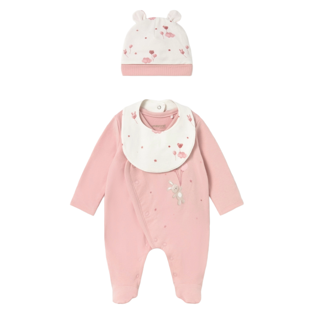 Mayoral Newborn Pink Babygrow Hat & Bib 2748