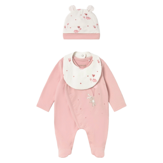 Mayoral Newborn Pink Babygrow Hat & Bib 2748