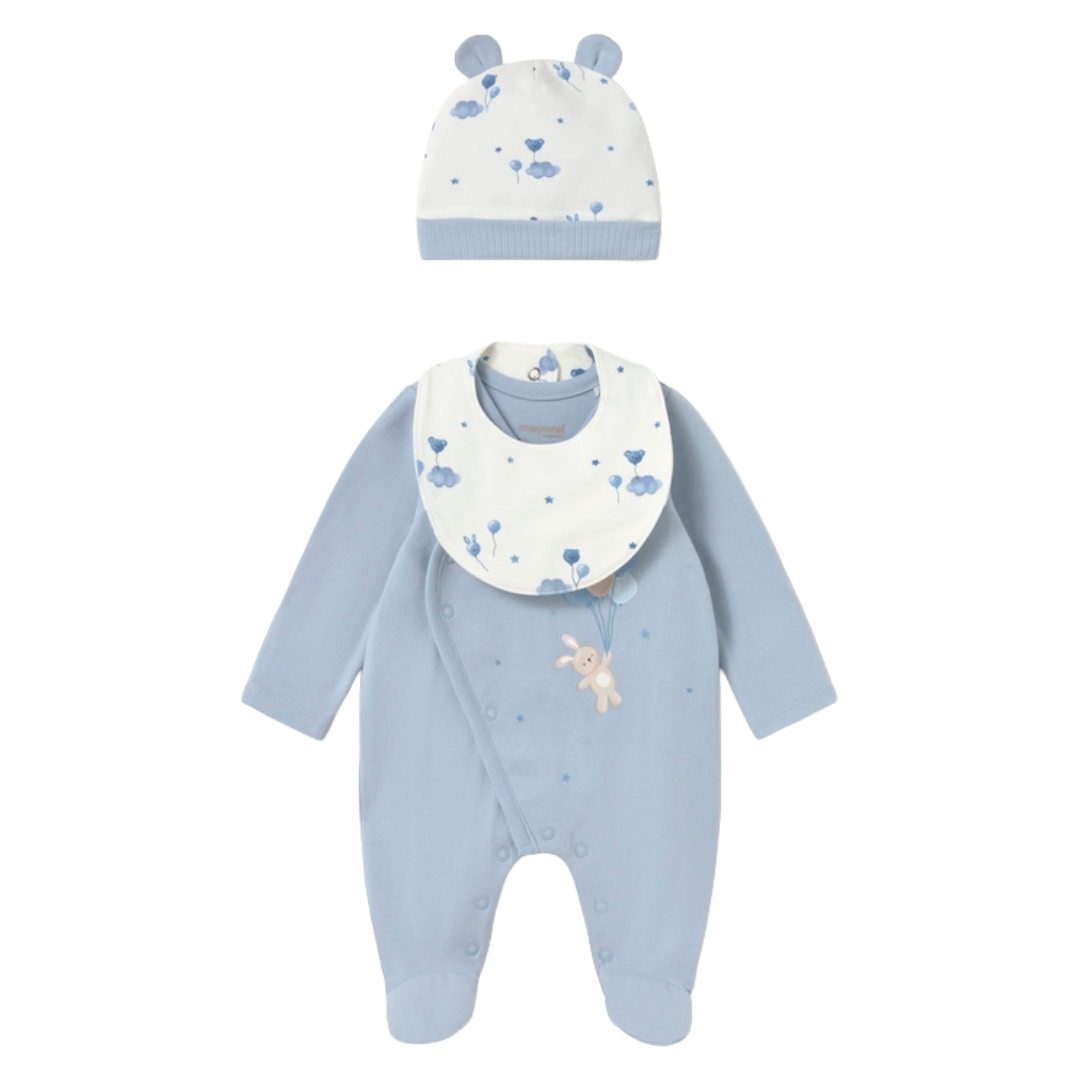 Mayoral Newborn Blue Babygrow Hat & Bib 2748