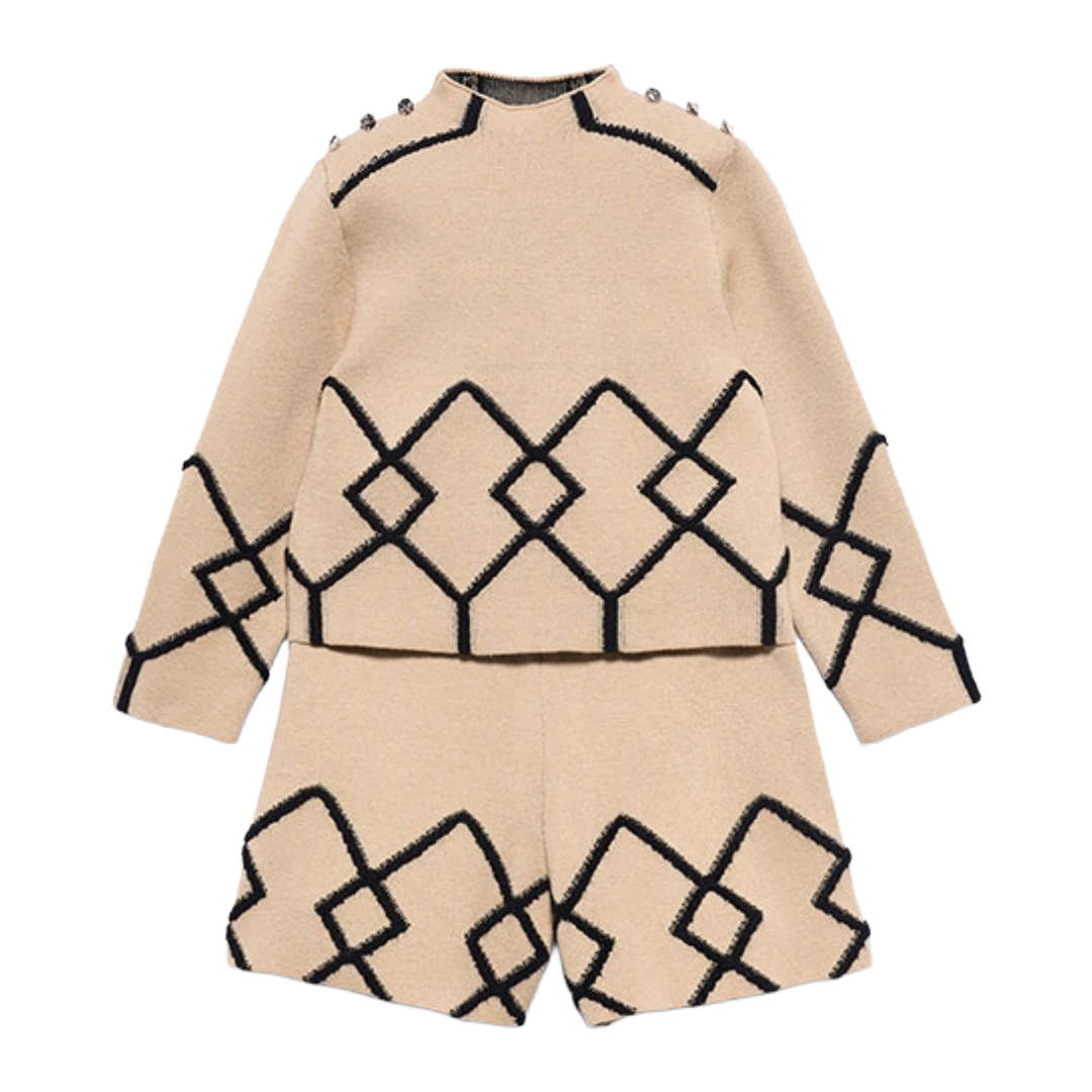 Abel & Lula Beige & Black Aztec Knit Short Set