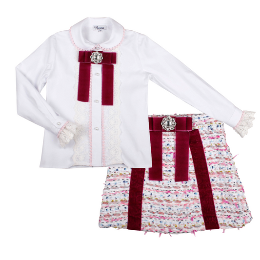 Naxos Plum Tweed Bow Skirt Set