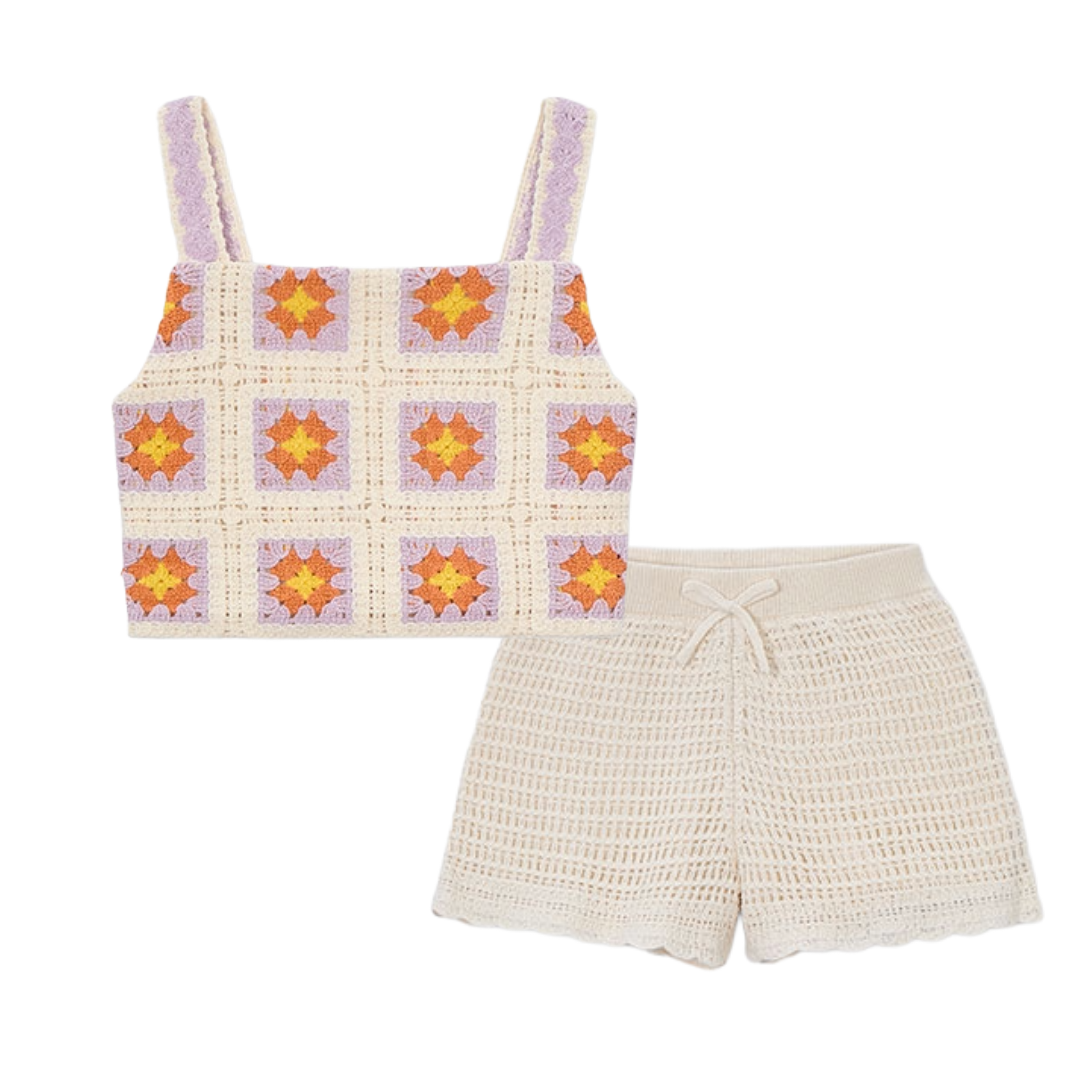 Mayoral Cream & Lilac Crochet Short Set