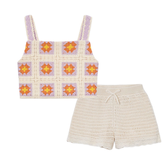 Mayoral Cream & Lilac Crochet Short Set