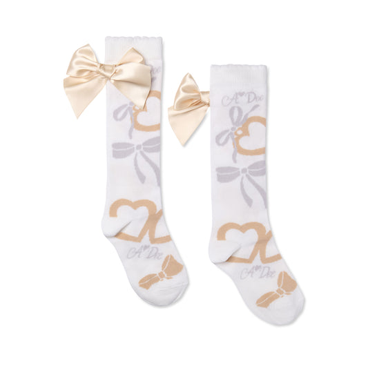 A Dee Alessandra Beige Bow Print Knee Socks