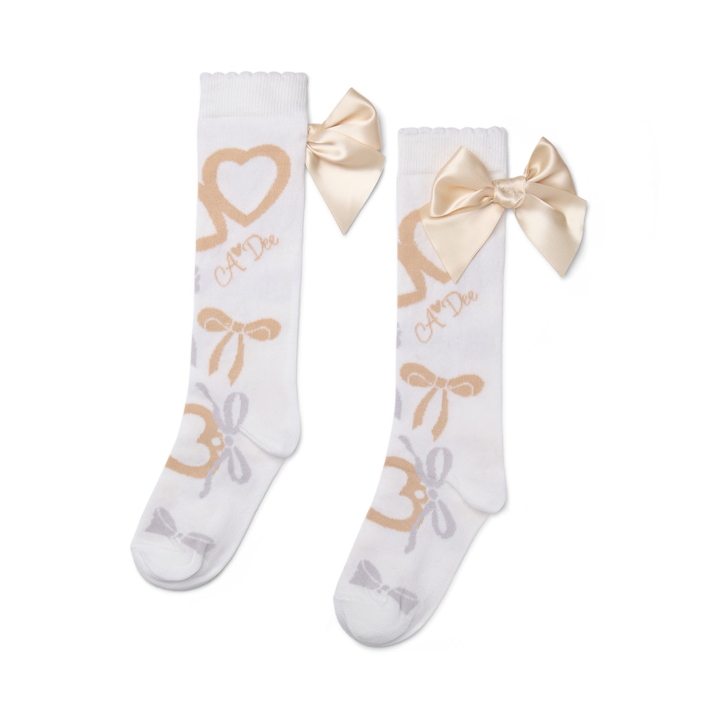 A Dee Alessandra Beige Bow Print Knee Socks