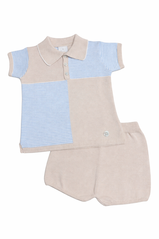 Granlei Blue & Beige Stripe Polo Short Set